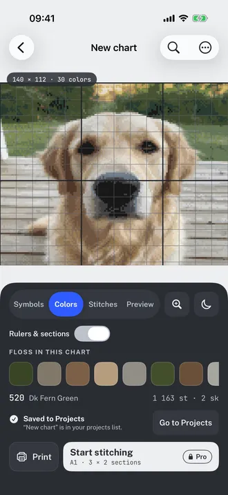 Cross stitch chart of a golden retriever on screen, labelled 140 by 112 stitches in 30 colours, grid overlaid