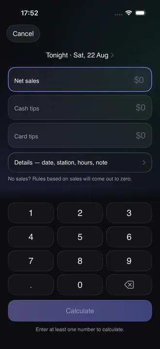 Cashout close-out screen with fields for net sales, cash tips and card tips above a number pad