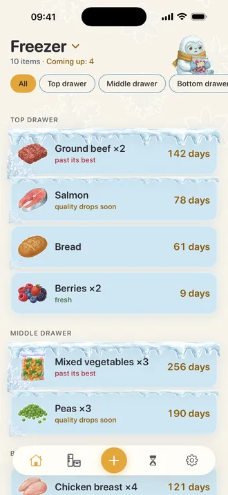 Freezer list by drawer: ground beef at 142 days under heavy frost, salmon at 78 days, berries at 9 days fresh