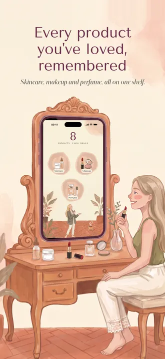 A painted girl at a vanity table whose mirror is a phone showing the Vanity home screen with skincare, makeup and perfume