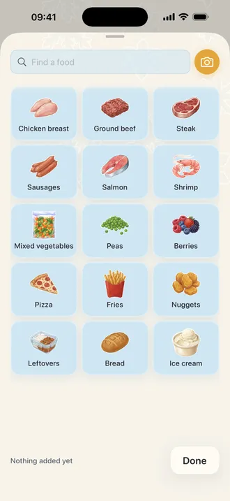 Add grid with fifteen painted food tiles, a search field and a camera button above them