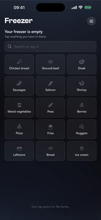 Add grid with fifteen food tiles and a search field above them