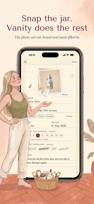 The girl tosses a serum bottle into a phone showing the add form with the product cut out and the label read