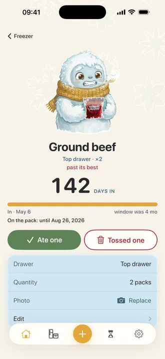 Pack card for ground beef: 142 days in, past its best, with Ate one and Tossed one buttons