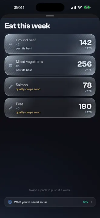 Eat this week screen listing four packs to use up, the worst two first