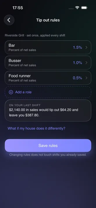 Tip out rules screen listing bar, busser and food runner with their percentages of net sales