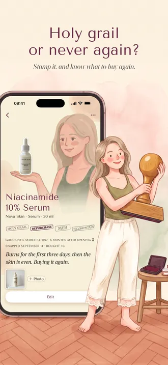 The girl holds a big wooden rubber stamp next to a product card with holy grail and repurchase stamps