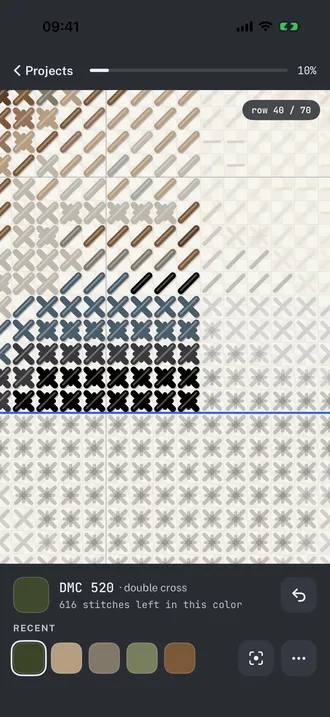 Stitching screen on row 40 of 70, working DMC 520 as double cross, 616 stitches left in that colour