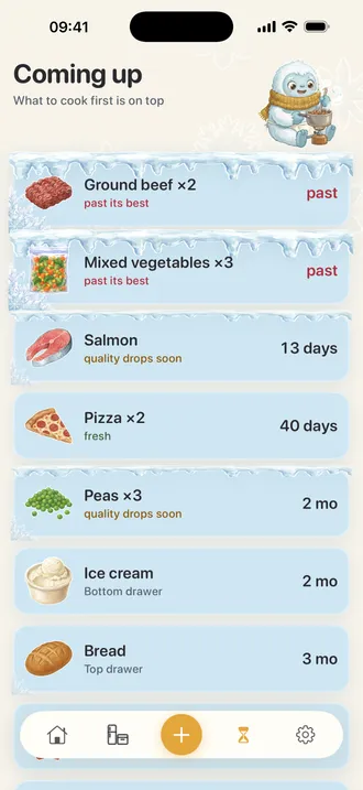 Coming up list: ground beef and mixed vegetables past their best on top, then salmon in 13 days