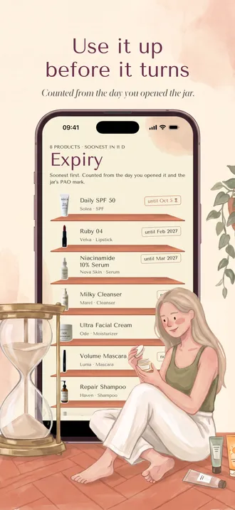 An hourglass beside a phone with the Expiry tab, listing products by the date they expire