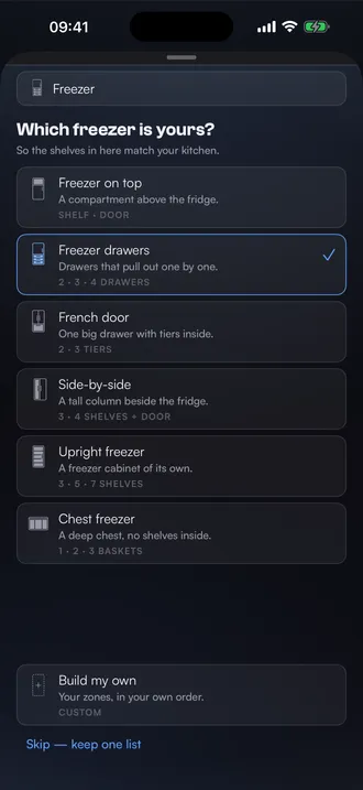 Freezer layout picker showing six types from a compartment above the fridge to a chest freezer with baskets