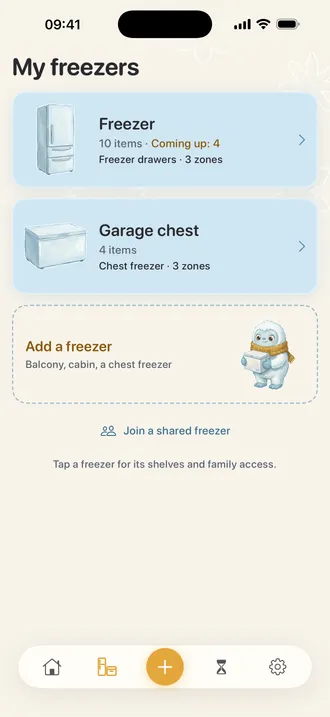 My freezers screen with a kitchen freezer of 10 items and a garage chest freezer of 4 items