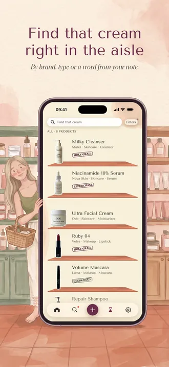 The girl with a shopping basket in a beauty shop aisle next to a phone showing the search list