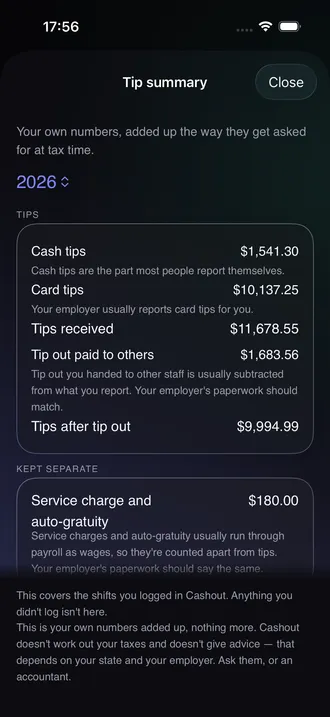 Tip summary screen listing cash tips, card tips, tip out paid to others and tips after tip out for the year