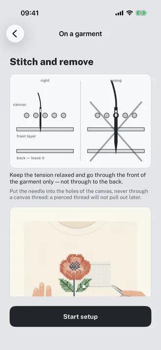 Garment lesson showing the right and wrong way to put a needle through waste canvas laid over a shirt