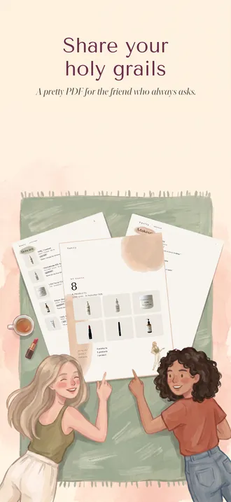Two friends on a rug looking at printed pages of a Vanity PDF export with product photos and stamps