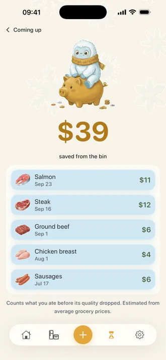 What you've saved screen showing 39 dollars saved from the bin, itemised pack by pack