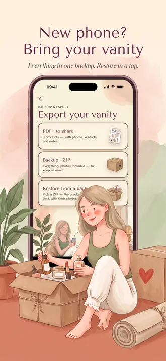 The girl packs her cosmetics into a moving box next to a phone showing the backup and export screen
