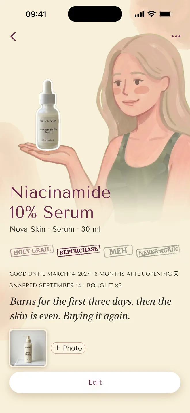 A Vanity product card: the serum on the heroine's palm, its stamps and a good-until date