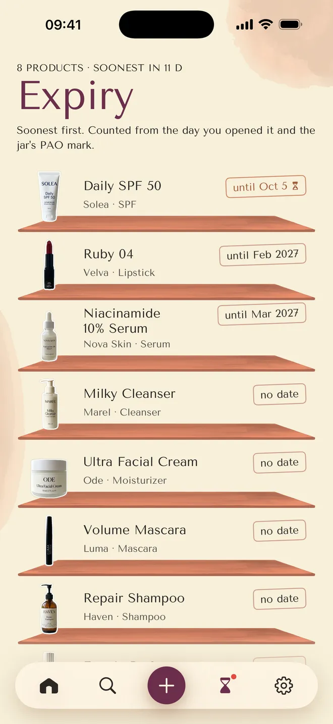 The Expiry tab in Vanity: open products listed by the date they expire, the soonest first, with an hourglass tag on each