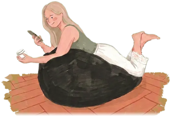 A painted girl lying on a bean-bag chair with her phone and a jar of cream, the heroine of the Vanity app