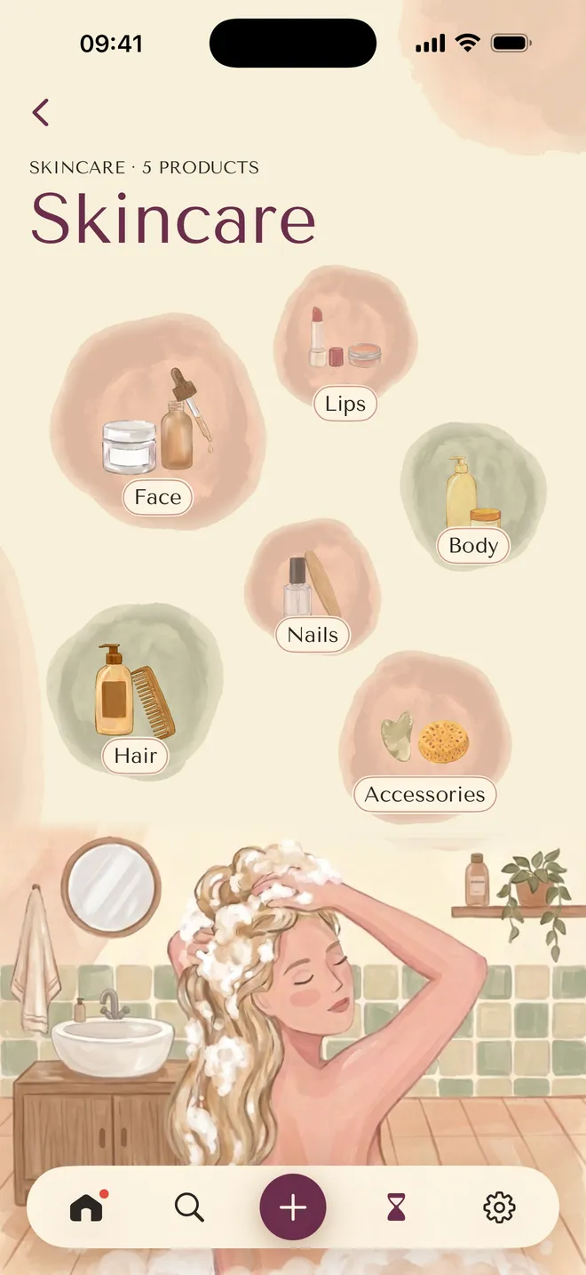 The Skincare room in Vanity: painted groups for face, lips, body, nails, hair and accessories above a bathroom scene
