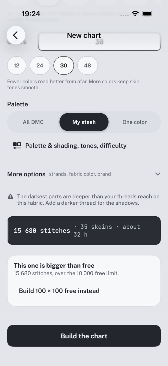 App screen setting the palette source to My stash, with the stitch count, skeins and hours for the chart below it