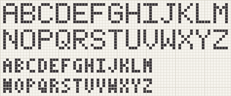 Two charted cross stitch alphabets on a grid, block capitals five by seven above and a smaller three by five alphabet below