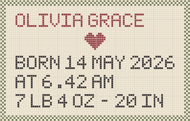 A charted birth sampler with a green border, a name in red, a heart motif and three lines of birth details