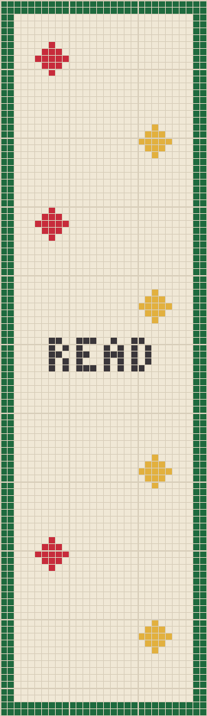 A charted cross stitch bookmark, a narrow strip with a green border, small red and gold motifs and the word READ