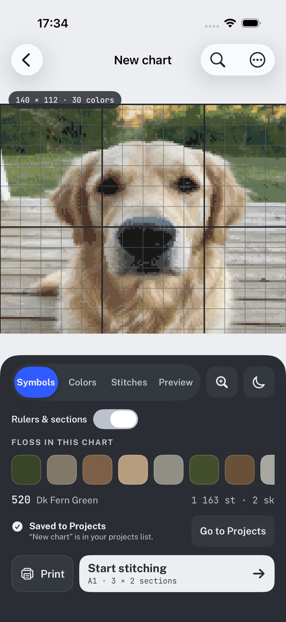 App screen showing a cross stitch chart of a dog on a grid, 140 by 112 squares with 30 colours listed below