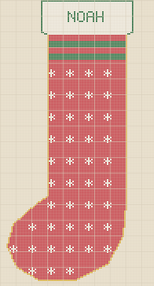 A charted cross stitch Christmas stocking, red with white snowflakes, a white cuff with the name NOAH and a gold edge