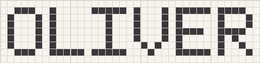 The name OLIVER charted square by square on a grid, thirty five squares wide and seven tall