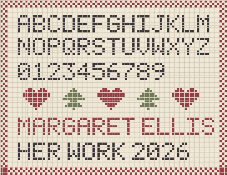 A charted cross stitch sampler with a border, two alphabet rows, numerals, hearts and trees, and a name line