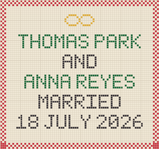 A charted wedding sampler with a red border, two gold rings, two names in green and the date beneath in dark thread