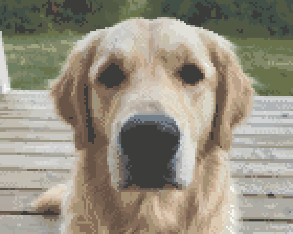 Chart of the dog rendered with twenty-nine DMC colours, background speckled