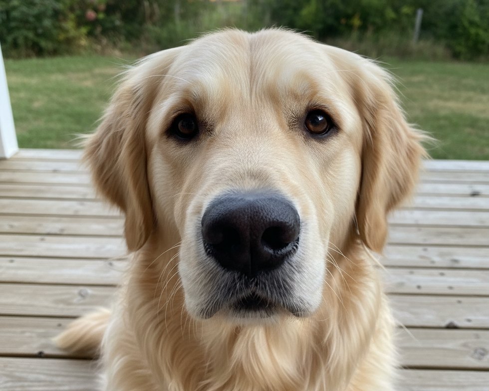 Photograph of a golden retriever sitting on a wooden porch, head filling the frame