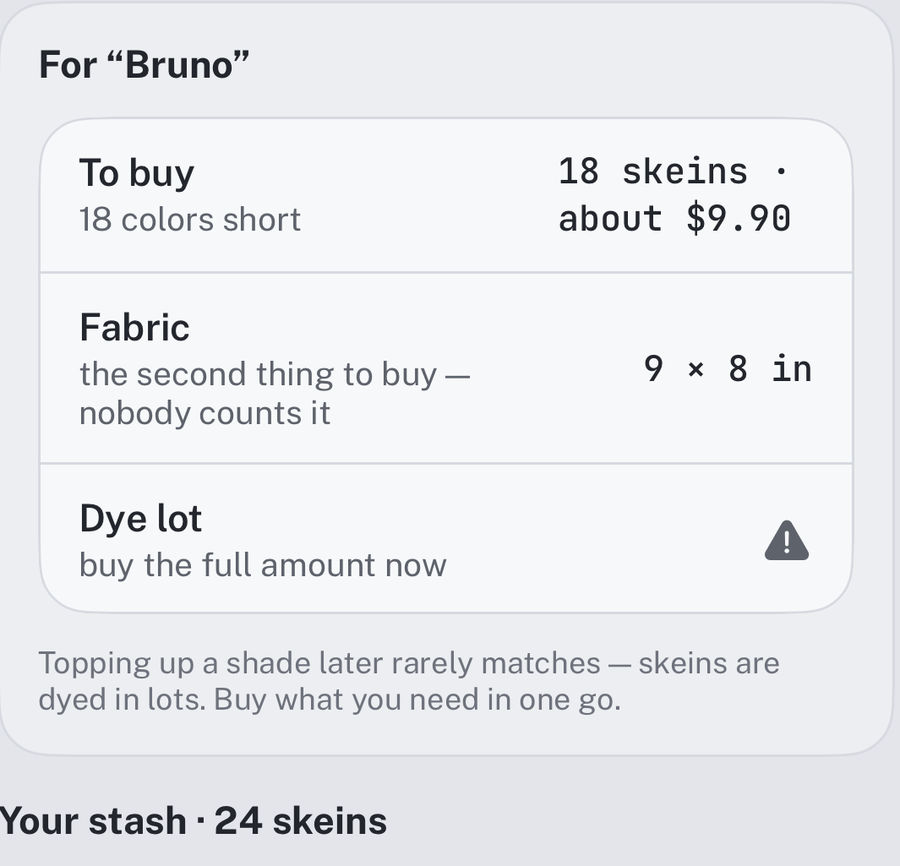App screen showing 18 skeins to buy for about $9.90, a fabric size, a dye lot warning, and a stash of 24 skeins