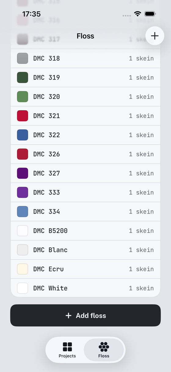 App screen listing owned DMC floss in number order, each row showing a colour swatch and one skein