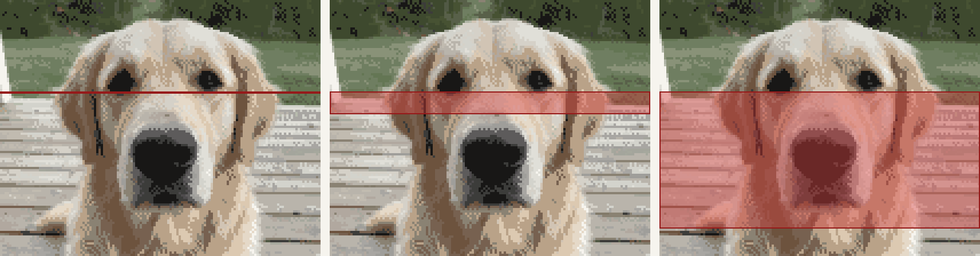 One chart three times, with the work lost to a miscount shaded red after one row, ten rows and sixty rows