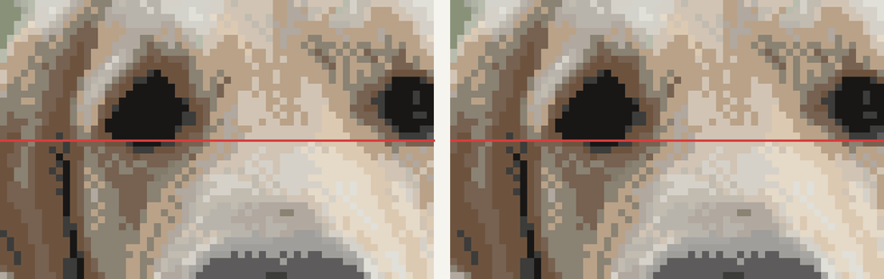A cross stitch chart of a dog eye at high zoom, correct on the left and shifted one square below the red line on the right