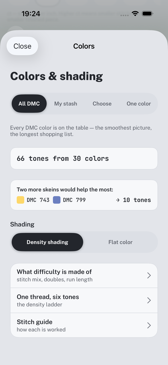 App screen showing the palette source, how many tones the chosen threads give, and which two extra skeins would add the most