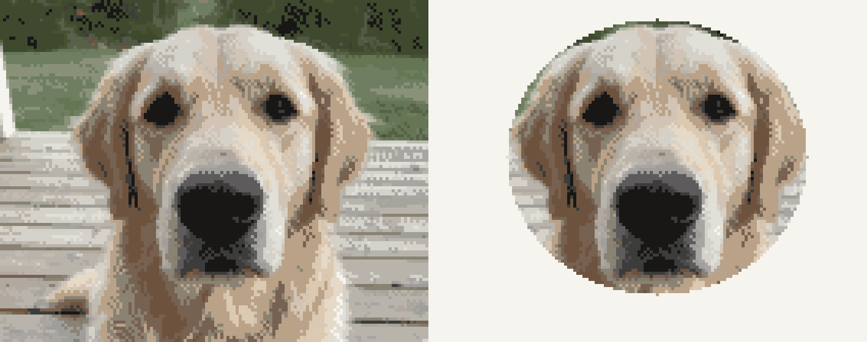 The same dog chart twice, first with the porch and grass behind it, then with the background left as bare fabric