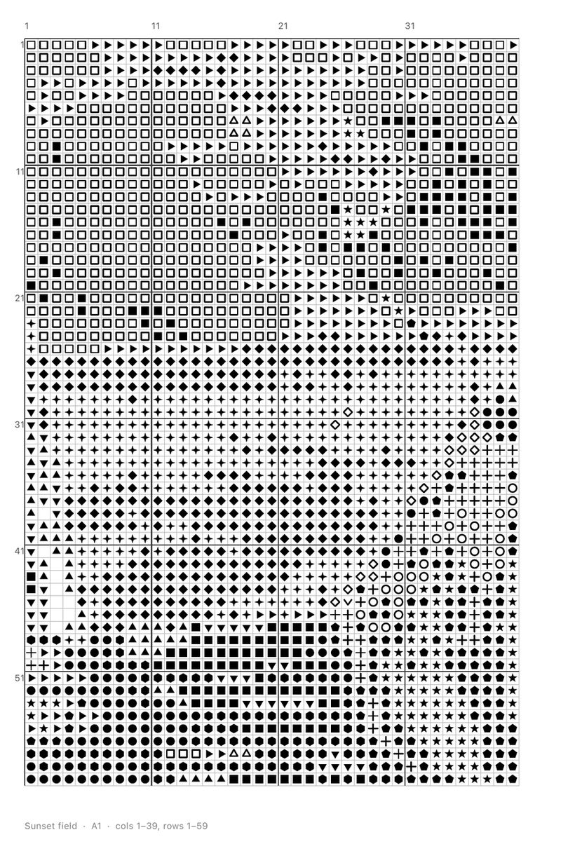 A printed cross stitch chart page with symbols on a grid, bold lines every ten squares, row numbers up the side and a footer